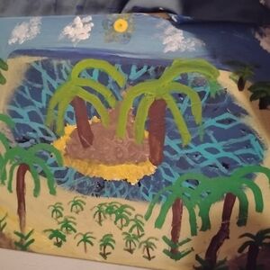 Nicole Tropical Island Scene in Blue, Green & Yellow